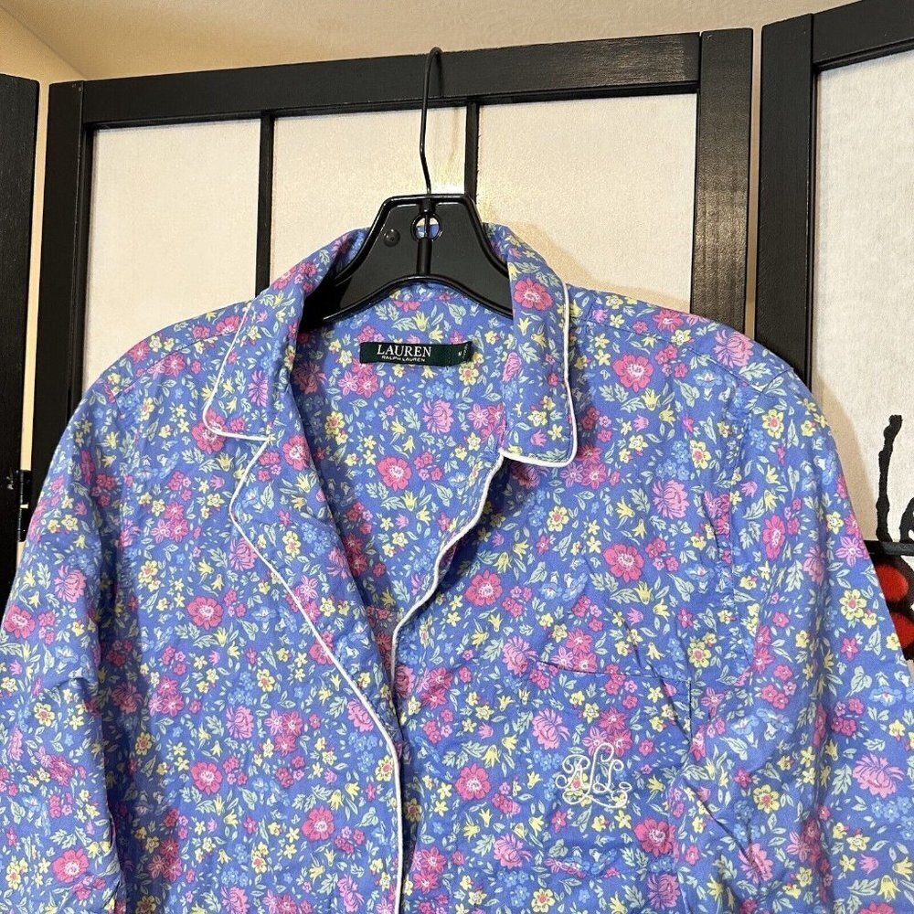 Lauren Ralph Lauren Pajama Dress Womens M Medium Blue Pink Floral Logo Sleepwear - Picture 2 of 6